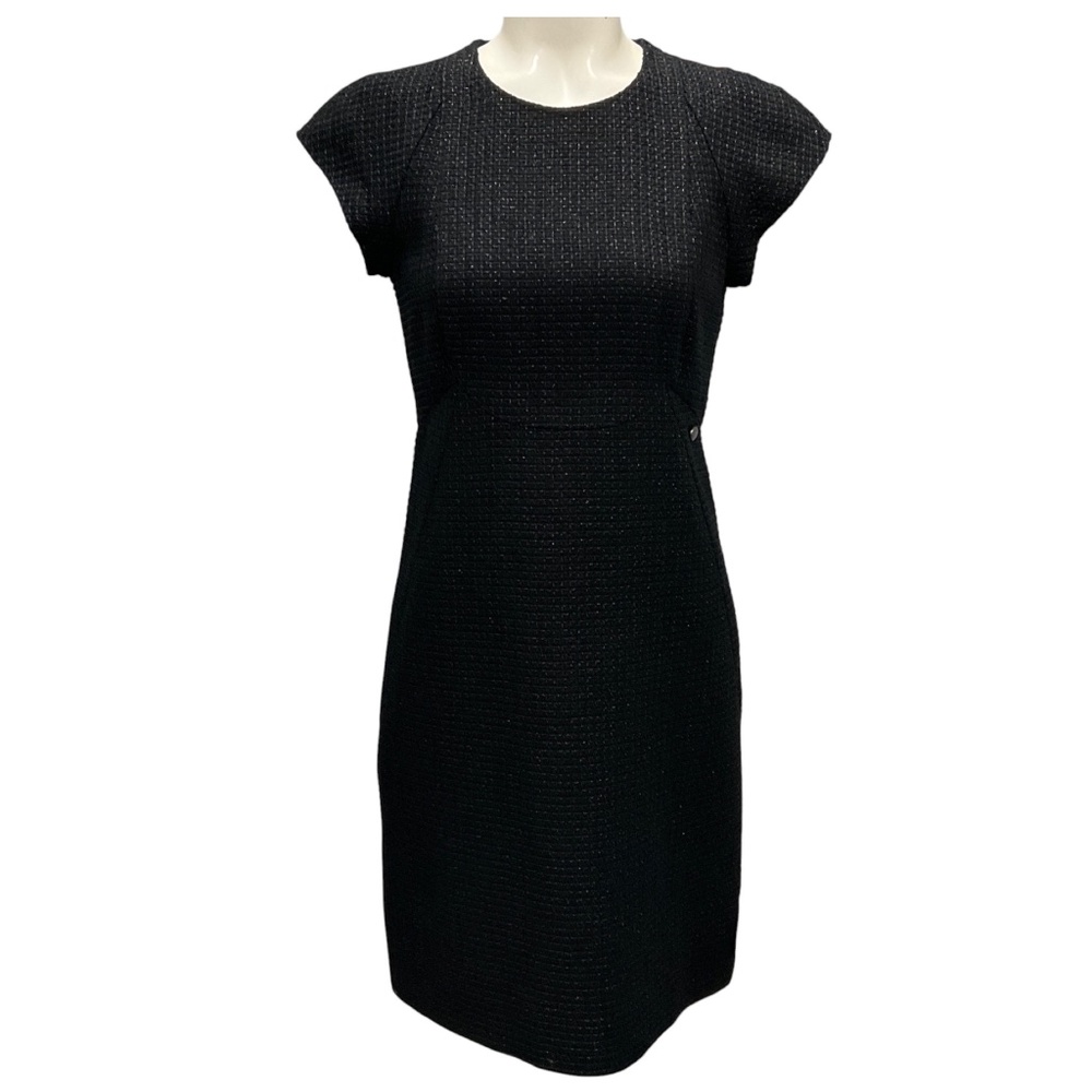 CHANEL BLACK CAP SLEEVED SHIMMER TWEED SHEATH DRESS